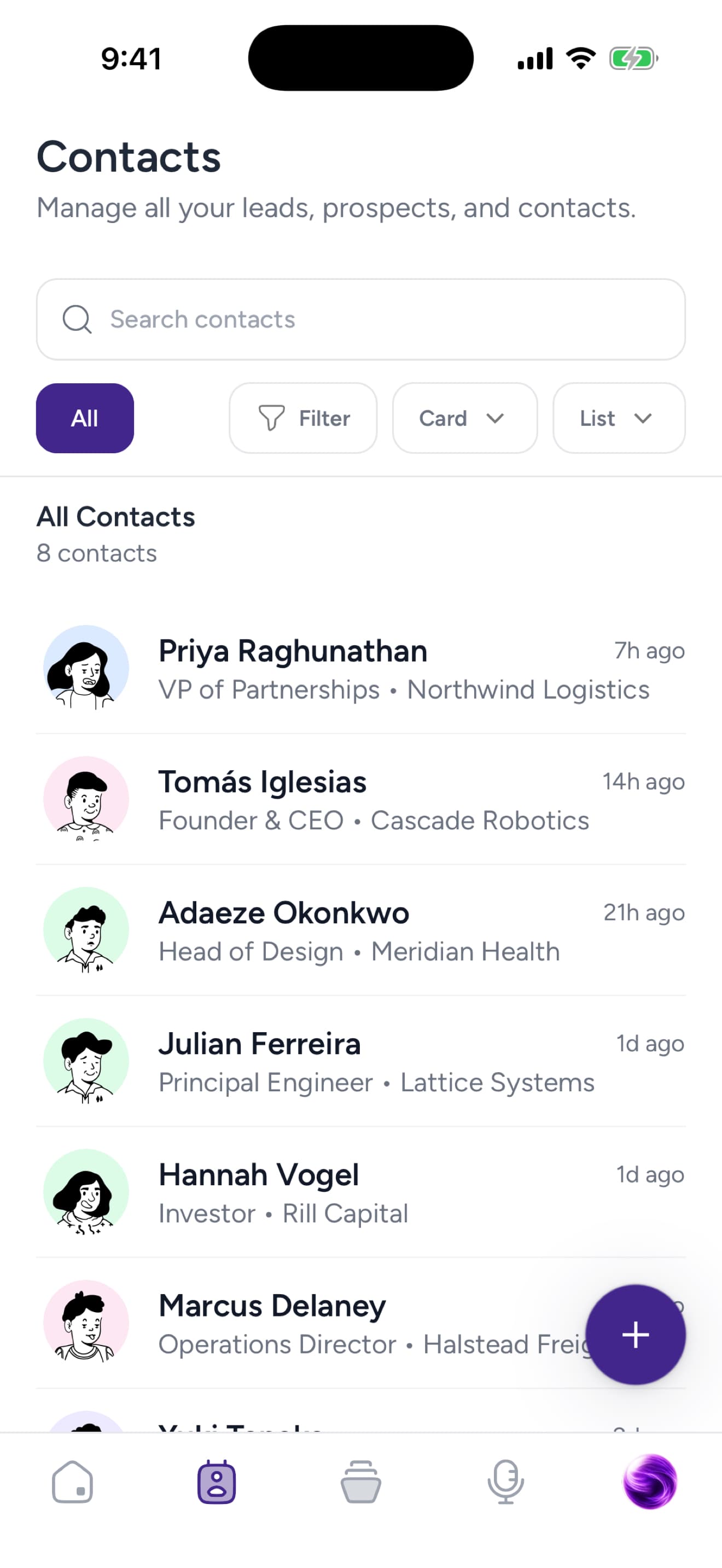 Contacts list on Kontextual mobile