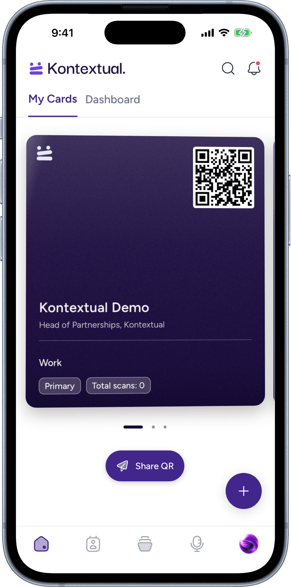 Kontextual digital card on My Cards, ready to share in person