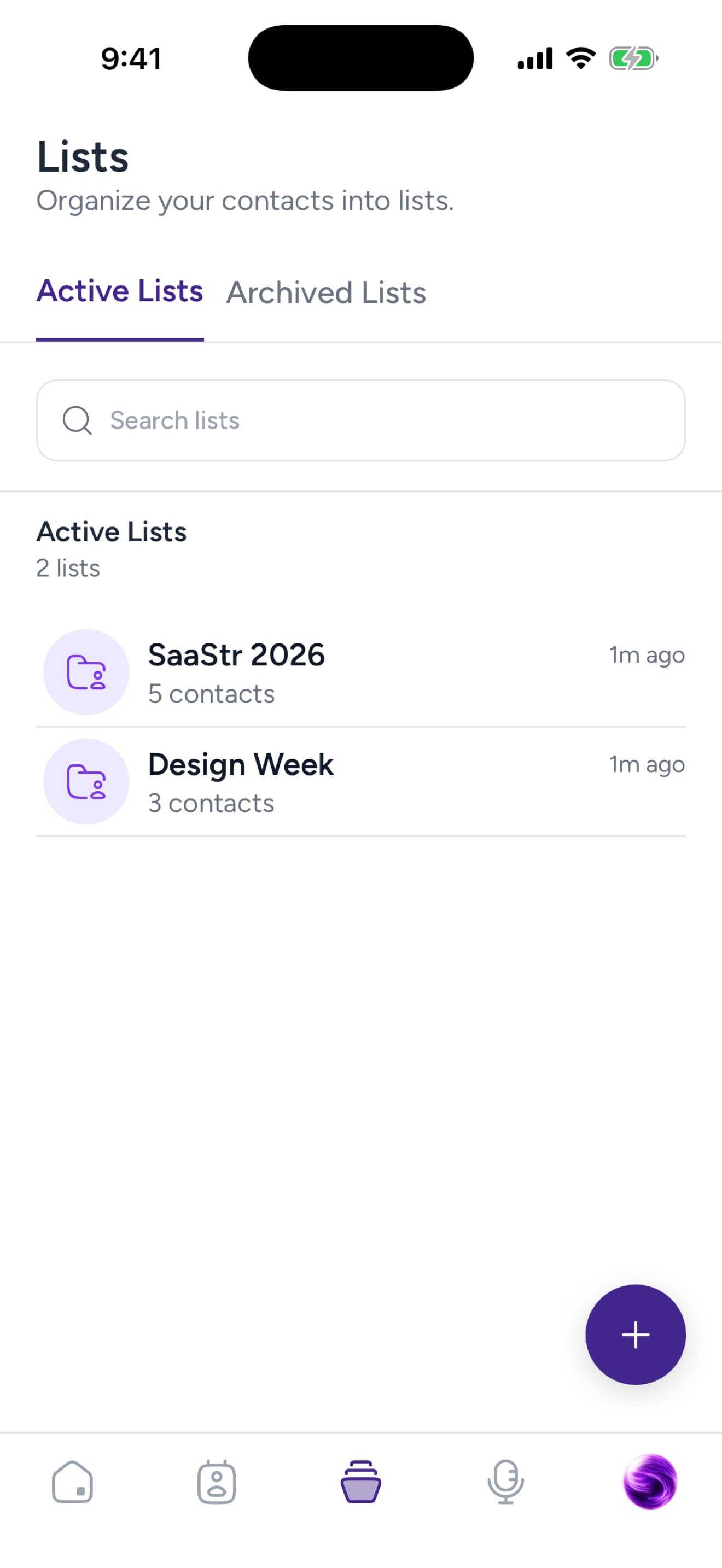 Kontextual Lists product design showing separate event lists for SaaStr 2026 and Design Week