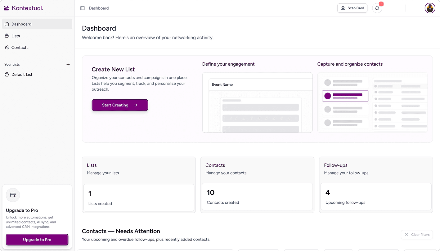 Kontextual web home for reviewing lists, contacts, and follow-ups